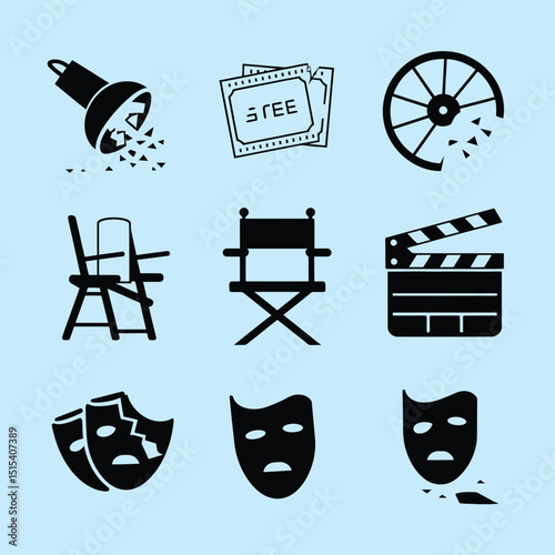 vector icons for cinema, Director's Chair , theatrical roles, video tape, cinema shattered spotlight, Theater Ticket
