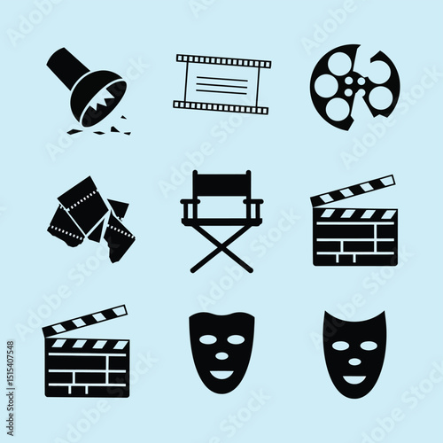 vector icons for cinema, Director's Chair , theatrical roles, video tape, cinema shattered spotlight, Theater Ticket
