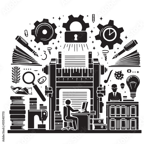 Black Color Publishing Silhouette Vector Illustration, Solid White Background