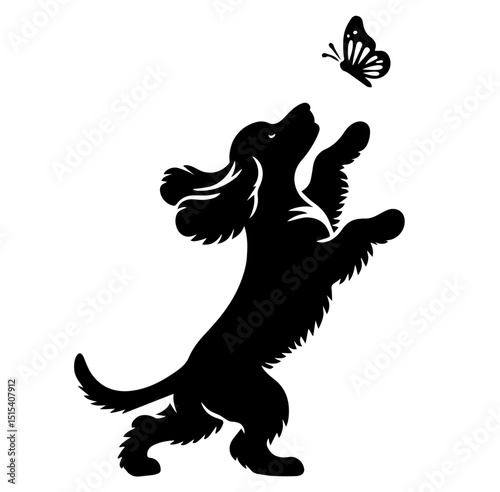 Silhouette of Playful Dog Standing on Hind Legs Chasing Butterfly