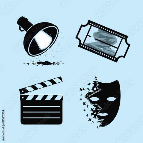 vector icons for cinema, Director's Chair , theatrical roles, video tape, cinema shattered spotlight, Theater Ticket
