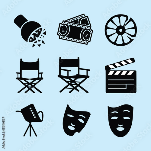 vector icons for cinema, Director's Chair , theatrical roles, video tape, cinema shattered spotlight, Theater Ticket

