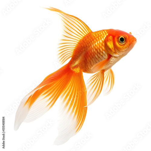 Beautiful isolated orange goldfish displaying its delicate fins and scales against transparent  background