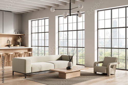 Modern minimalist interior with beige sofa  wooden furniture  and large windows overlooking city park in bright daylight. 3D Rendering. 3D Rendering