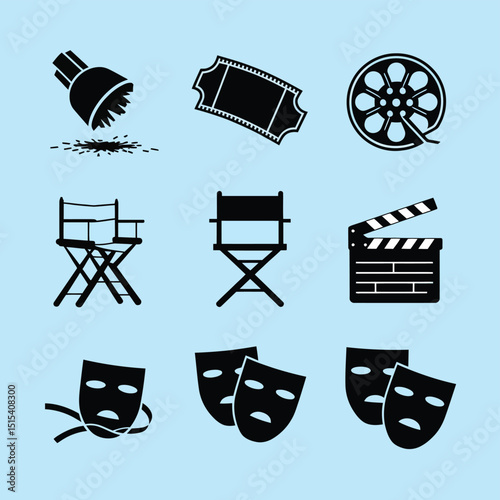 vector icons for cinema, Director's Chair , theatrical roles, video tape, cinema shattered spotlight, Theater Ticket
