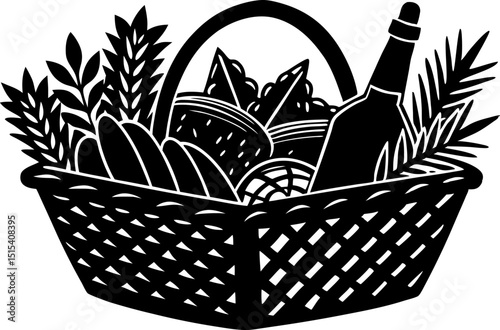 Silhouette of a picnic basket with food. basket full of fresh vegetables