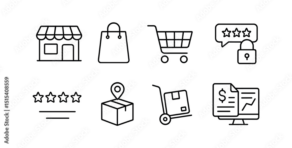 E-commerce linear icon set - online shopping, retail, and delivery symbols E-commerce linear icon set - online shopping, retail, and delivery symbols