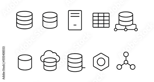 Database & data management line icon set - minimalistic storage and network symbols