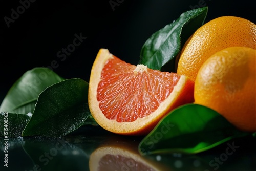 Fresh Oranges and a Sliced Fruit on Dark Background Showcasing Vibrant Colors...