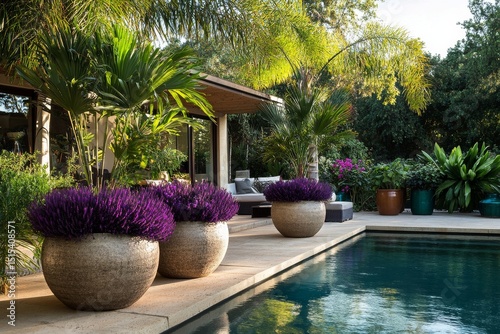 Relaxing Poolside Oasis With Lush Plants and Calming Lavender Near Tranquil W...