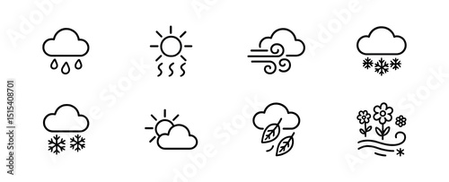 Weather outline icon set - flat, cloud, rain, and sun symbols for forecasting