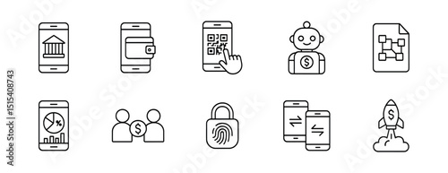 Banking & finance line icon set - payments, security, mobile transactions, ai, blockchain