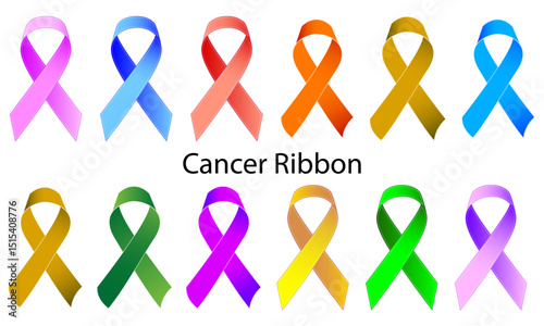 Cancer Awareness Concept With Different Color Ribbons On White Background. Symbol of lung cancer and osteoporosis awareness. 