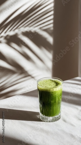Refreshing Green Smoothie Served in Glass With Palm Shadow on White Background