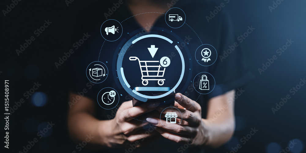 Fototapeta premium Online shopping cart concept with digital icons and smartphone interaction interface.