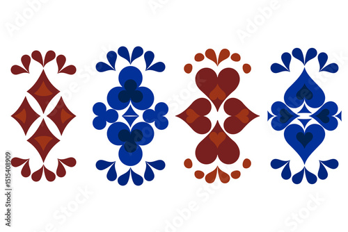 A blue-red playing card set featuring clubs, diamonds, hearts and spades, with a mandala-inspired motif. Perfect for casino themes, games, prints and decorative designs.