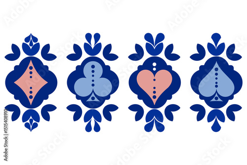 A blue-red playing card set featuring clubs, diamonds, hearts and spades, with a mandala-inspired motif. Perfect for casino themes, games, prints and decorative designs.