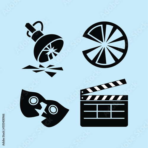 vector icons for cinema, Director's Chair , theatrical roles, video tape, cinema shattered spotlight, Theater Ticket
