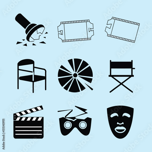vector icons for cinema, Director's Chair , theatrical roles, video tape, cinema shattered spotlight, Theater Ticket
