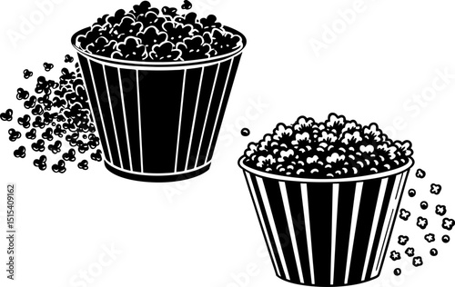 Silhouette of a popcorn bucket with overflowing popcorn. a bucket of popcorn. vector illustration in doodle style