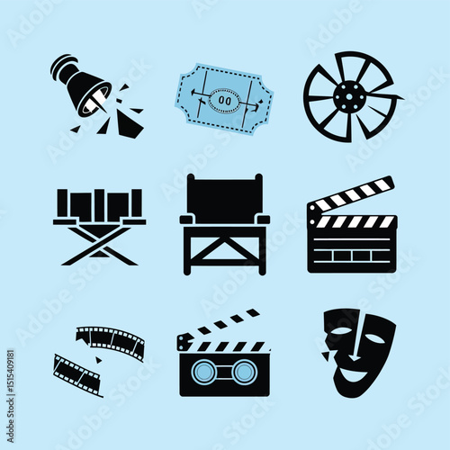 vector icons for cinema, Director's Chair , theatrical roles, video tape, cinema shattered spotlight, Theater Ticket
