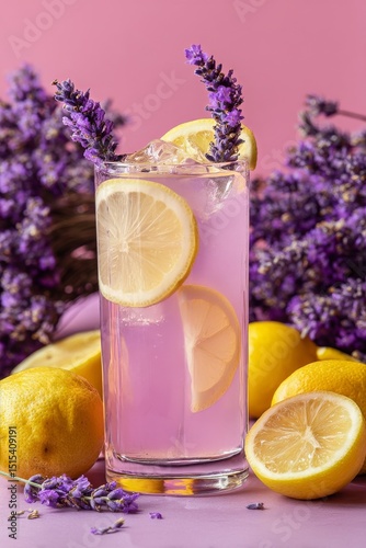 Refreshing Lavender Lemonade With Lemon Slices on a Pink Background and Laven...