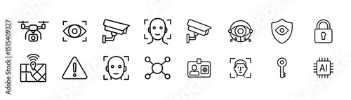 Security & surveillance linear icon set - privacy, camera, technology symbols