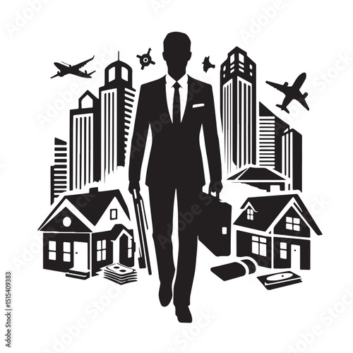 Black Color Real Estate Silhouette Vector Illustration, Solid White Background