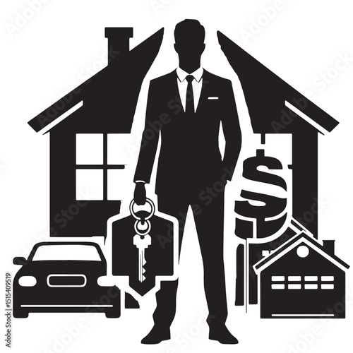Black Color Real Estate Silhouette Vector Illustration, Solid White Background