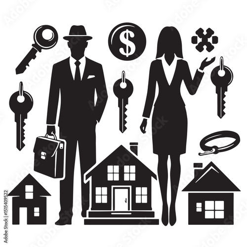 Black Color Real Estate Silhouette Vector Illustration, Solid White Background