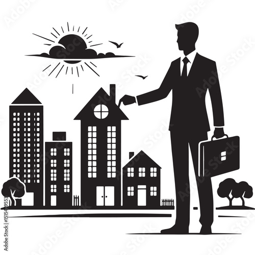 Black Color Real Estate Silhouette Vector Illustration, Solid White Background