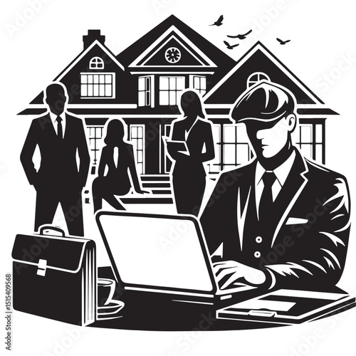 Black Color Real Estate Silhouette Vector Illustration, Solid White Background