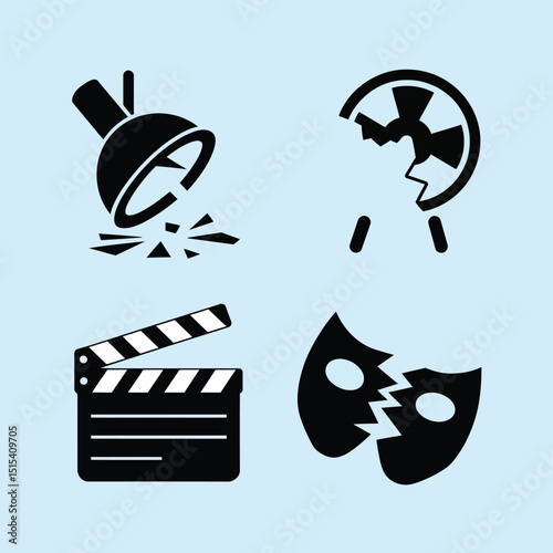vector icons for cinema, Director's Chair , theatrical roles, video tape, cinema shattered spotlight, Theater Ticket

