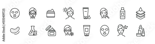 Beauty & skincare line icon set - outline, facial care and spa symbols