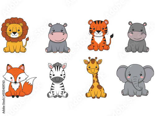 Cute cartoon animal vector icon set with cat, dog, lion, elephant, bear, tiger, cow, mouse, rabbit, giraffe, and funny baby zoo characters illustration