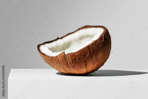 Fresh Coconut Half Displayed on a Modern Pedestal Against a Minimalistic Back...