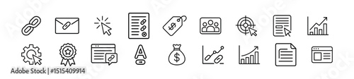 Marketing & business outline icon set - linear, professional symbols for strategy & growth
