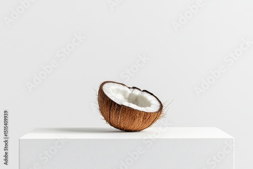 Coconut Shell Placed on a White Pedestal in a Contemporary Minimalist Setting