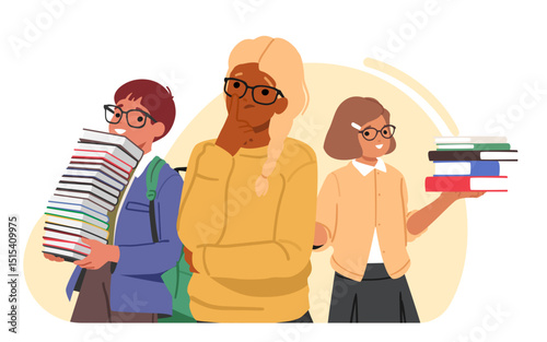Intelligent nerd school children cartoon characters with books enjoying study innovation bubble
