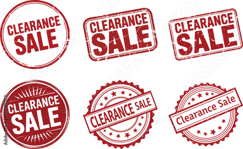 Six Red Grunge Clearance Sale Stamps in Various Shapes and Designs.