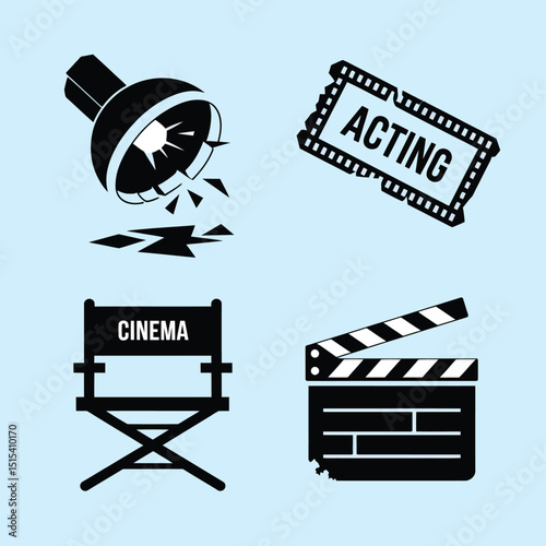 vector icons for cinema, Director's Chair , theatrical roles, video tape, cinema shattered spotlight, Theater Ticket
