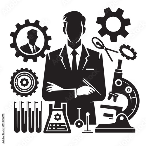 Black Color Research & Development Silhouette Vector Illustration, Solid White Background