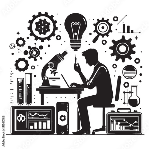 Black Color Research & Development Silhouette Vector Illustration, Solid White Background