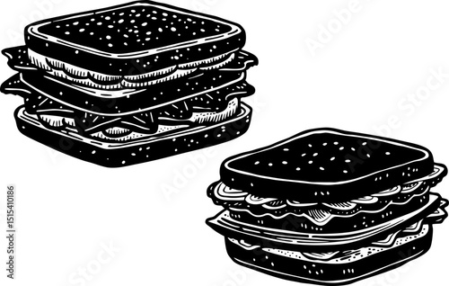 Silhouette of a sandwich with visible layers. Simplified hamburger silhouette with sesame bun and layers.
