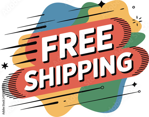 Bright and Bold "Free Shipping" Graphic with Abstract Shapes and Dynamic Lines.
