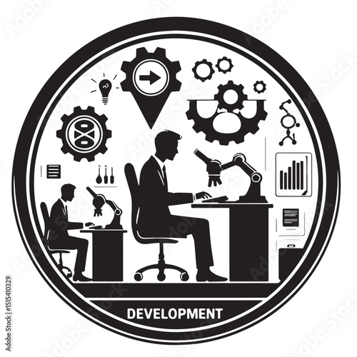 Black Color Research & Development Silhouette Vector Illustration, Solid White Background