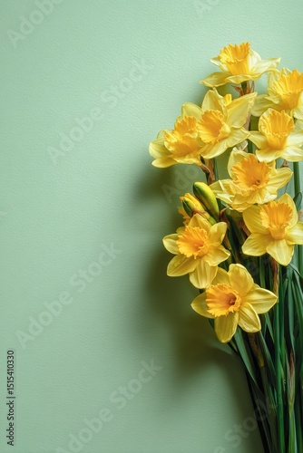 Bright Yellow Daffodils Arranged Against a Soft Green Background Create a Che...