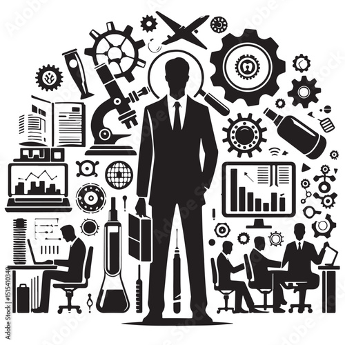 Black Color Research & Development Silhouette Vector Illustration, Solid White Background