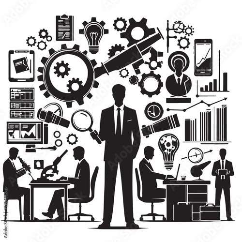 Black Color Research & Development Silhouette Vector Illustration, Solid White Background