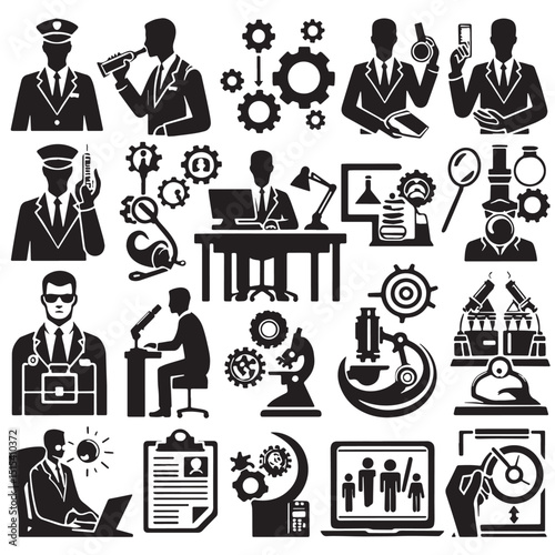 Black Color Research & Development Silhouette Vector Illustration, Solid White Background